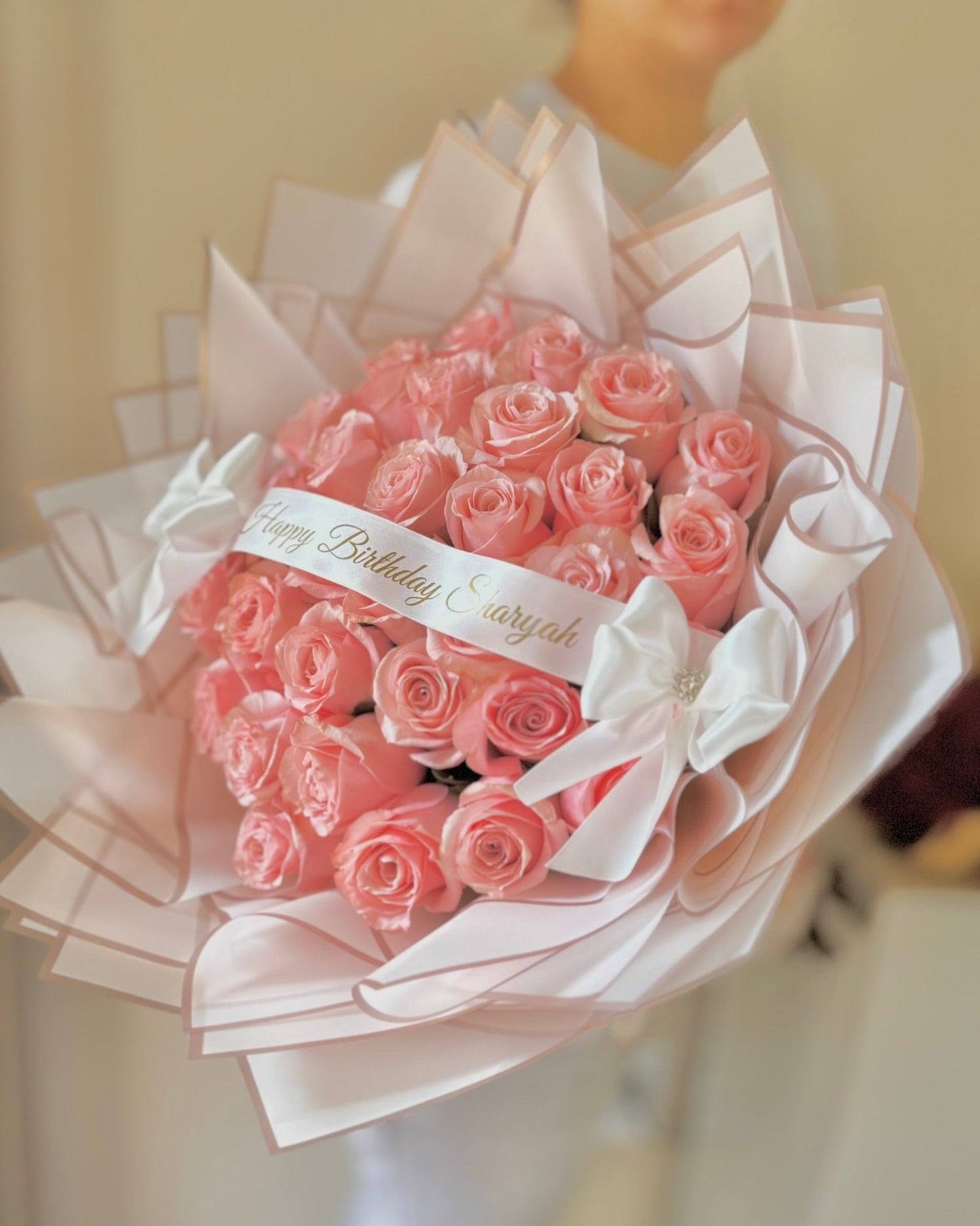 50 Pink Roses Besweet Pink Wrapping | Customizable Ribbon VD