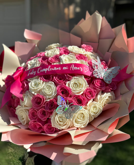 50 Roses Bouquet White and Hot Pink (Customizable Ribbon)