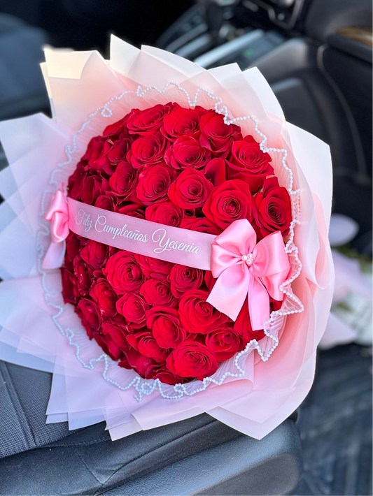 50 Red Roses Pink Wrapping | Ribbon Mothers Day