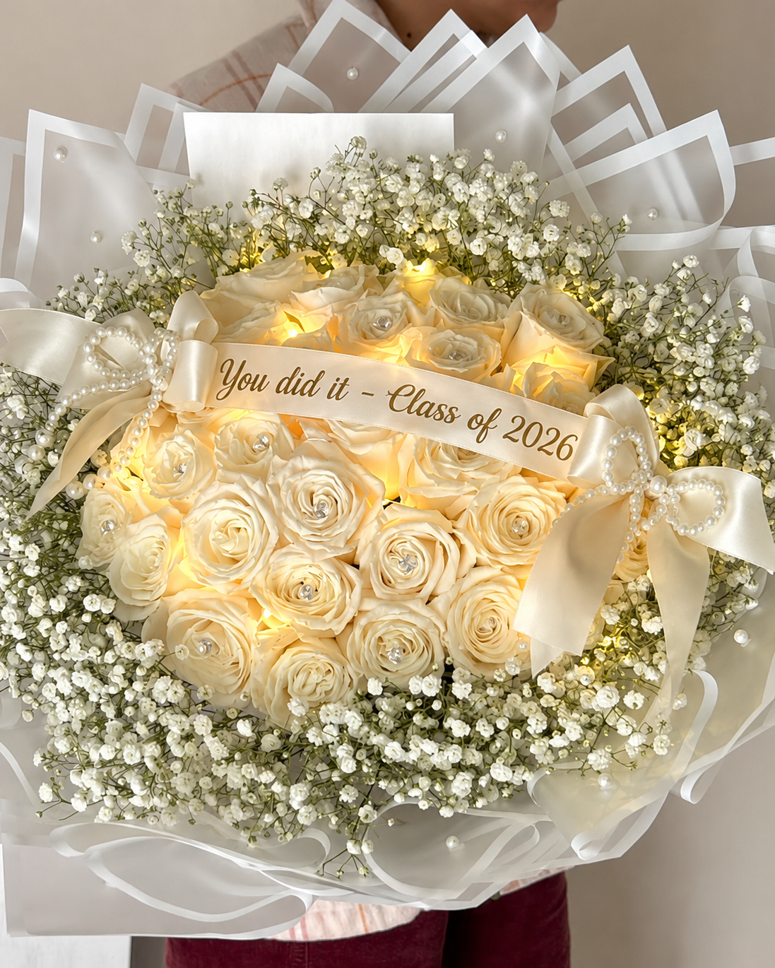 25 White Roses Prom Bouquet (Soft hidden lights)