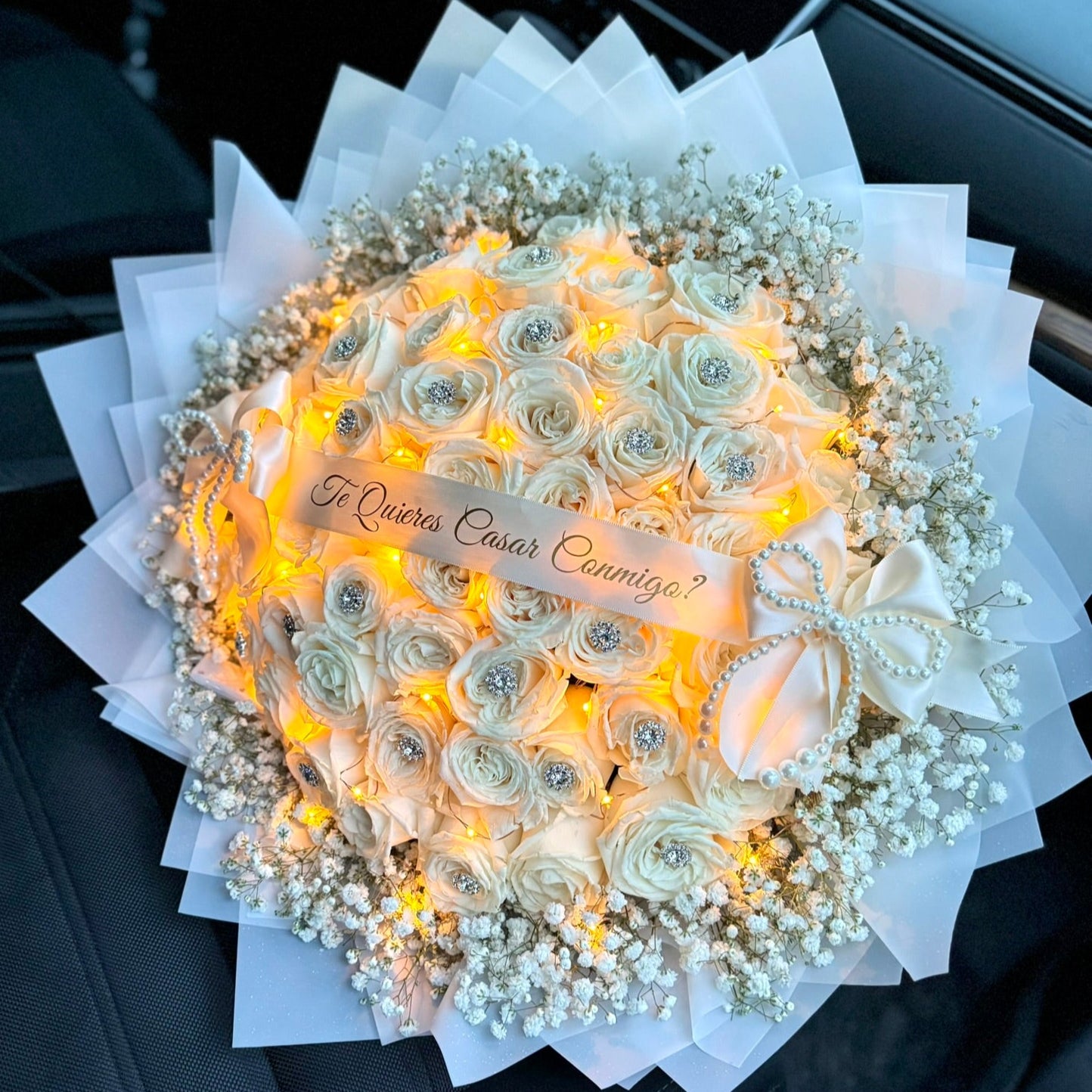 White Roses Bouquet (Customizable Ribbon)