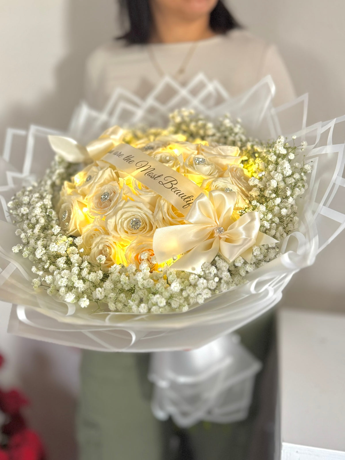 White Roses Bouquet (Customizable Ribbon)