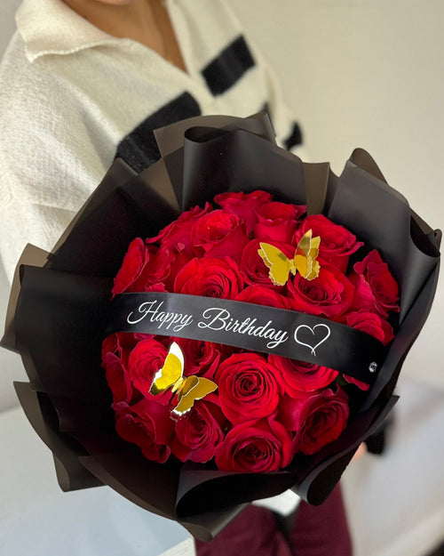 25 Red Roses Black Wrapping