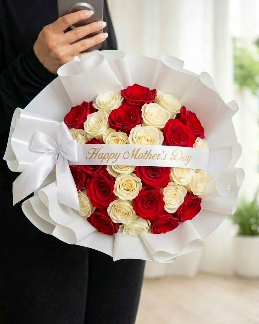 30 Red White Roses Hand Tied Boquet MD