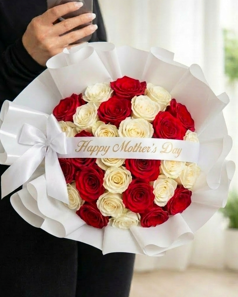 30 Red White Roses Hand Tied Boquet MD