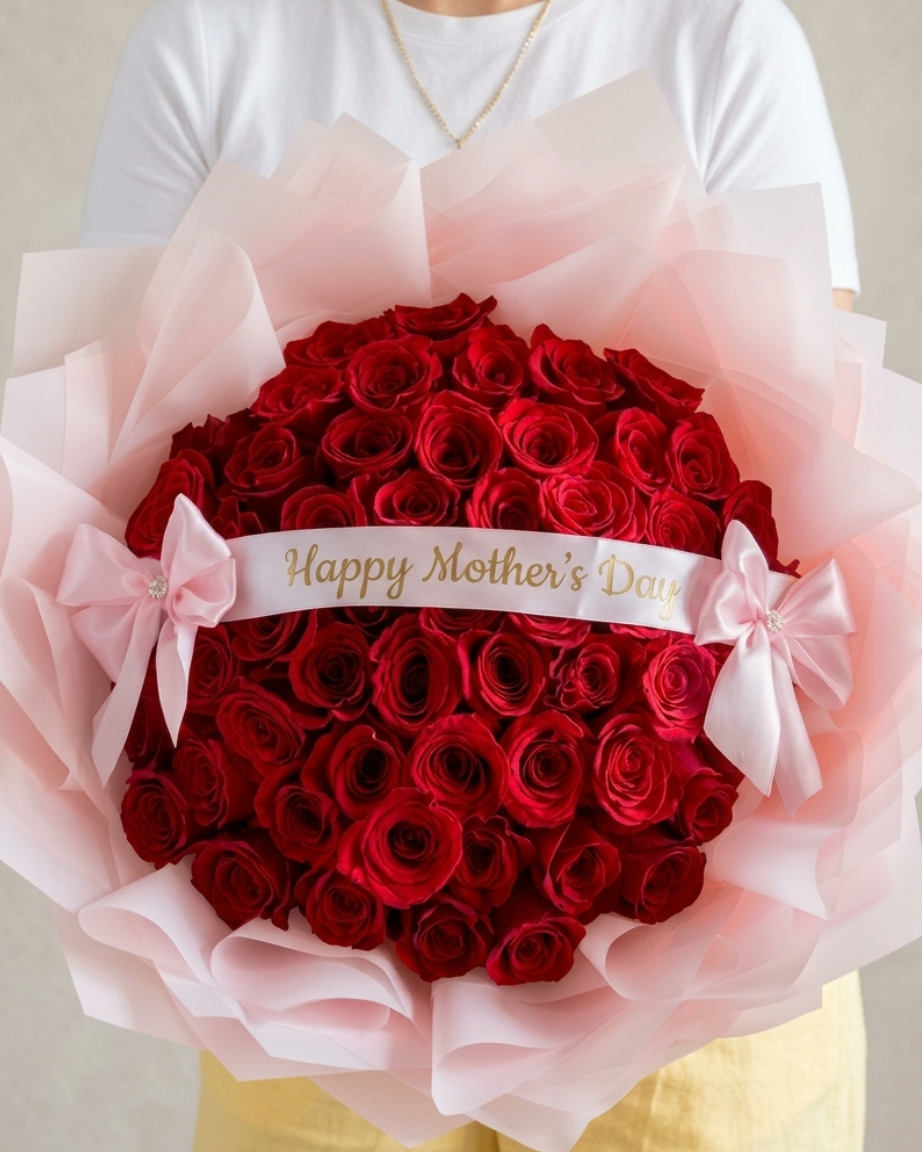 50 Red Roses Pink Wrapping MD